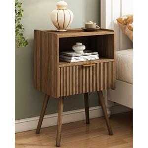 JOONEE Nightstand,Modern Bedside Table with Storage Drawer and Open Wood Shelf, for Living Room, Bedroom and Small Spaces, Accent Night Stand with Solid Wood Legs, Easy Assembly,Walnut Brown