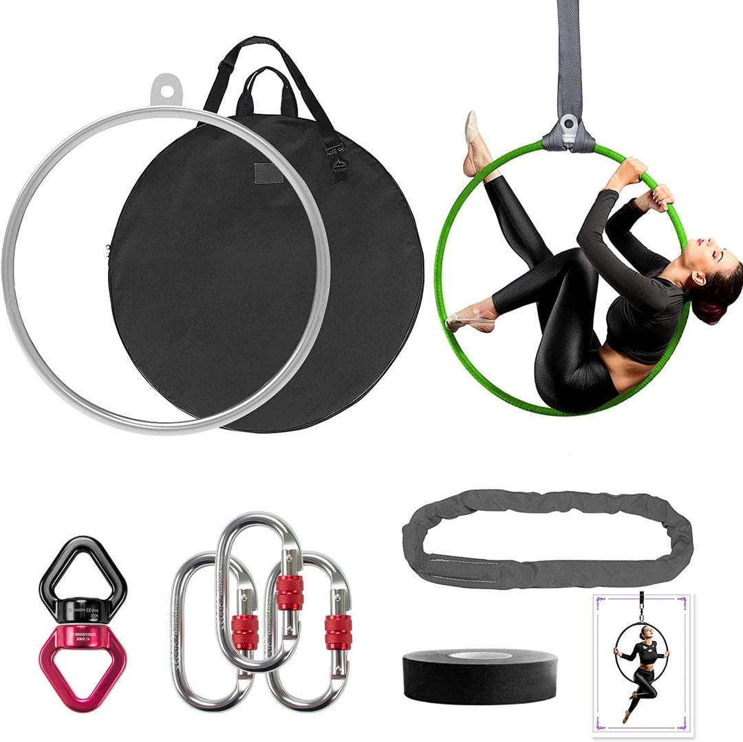DASKING Professional Aerial Hoop Kit - 85cm (33.5")/90cm (35.4") Aerial Ring Set, 2-Ton Safety System Anti-Slip Grip & Portable Storage Bag (black,grey,green,pink,steel)