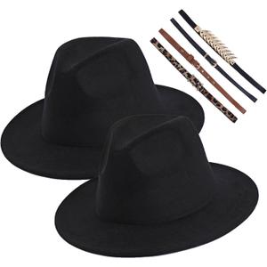 2 Pack Mens Womens Fedora Hat Classic Wide Brim Floppy Panama Hat with Ring Belt Buckle Fashion Fedora Hat (One Size, Black+black)
