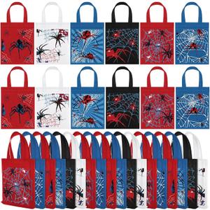 Kacctyen 24 Pack Spider Party Favor Gift Bags Non Woven Reusable Goody Treat Bags with Handles Spider Web Themed Birthday Party Supplies, 6 Styles