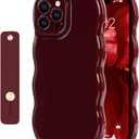 NITITOP Compatible with iPhone 13 Pro Max Case Cute Simple Wave Design Stylish Wavy Curly Frame with Wrist Adjustable Hand Strap Kickstand Grip Holder Soft Silicone Protective Cover - Wine Red