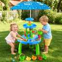 Water Sand Table with Umbrella for Toddler Kids - 3-Tier Summer Toys, Outdoor Backyard Beach Poolside Playset with Stable Design, Sensory Learning Activity Game Gifts for Boys Girls(Indigo), 35 x 24.6 x 24.6 inches