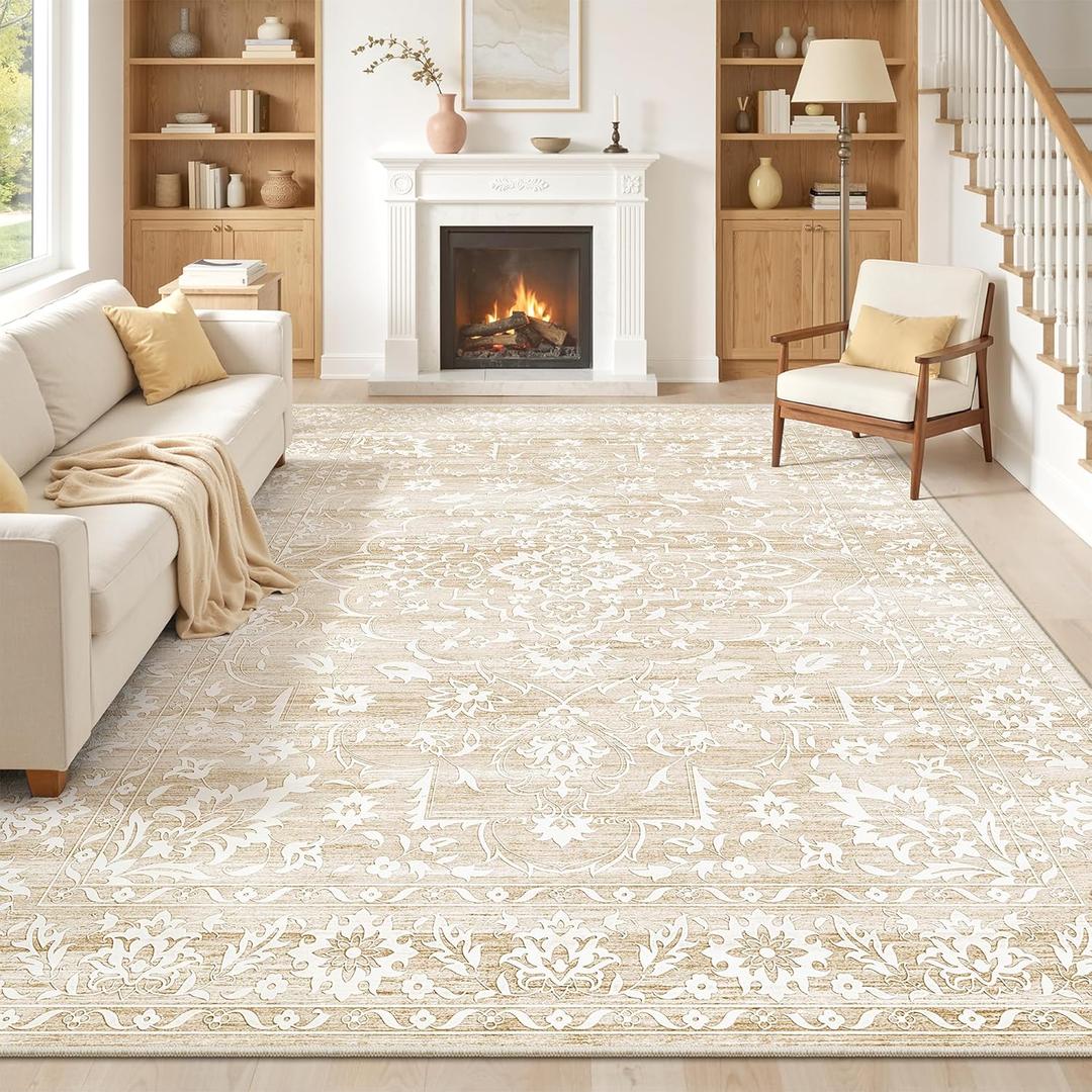 Soalmost 6x9 Area Rugs for Living Room, Neutral Washable Rugs for Bedroom, Floral Vintage Non-Slip Soft Throw Carpet for Dining Room Farmhouse (Beige, 6'x9')