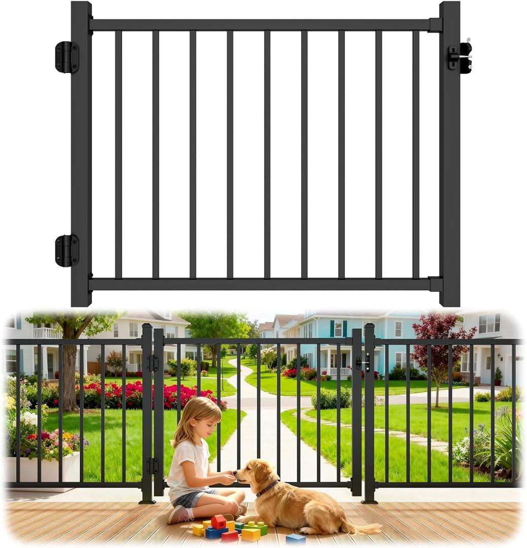 W.4ft x H.36in Aluminum Deck Gate Outdoor, Cuttable Porch Gate Kit with Latch and Auto-Closing Hinge, AAMA 2604Grade Sand-Texture Black Outdoor Gate for Deck Railing Patios, Porch, Garden