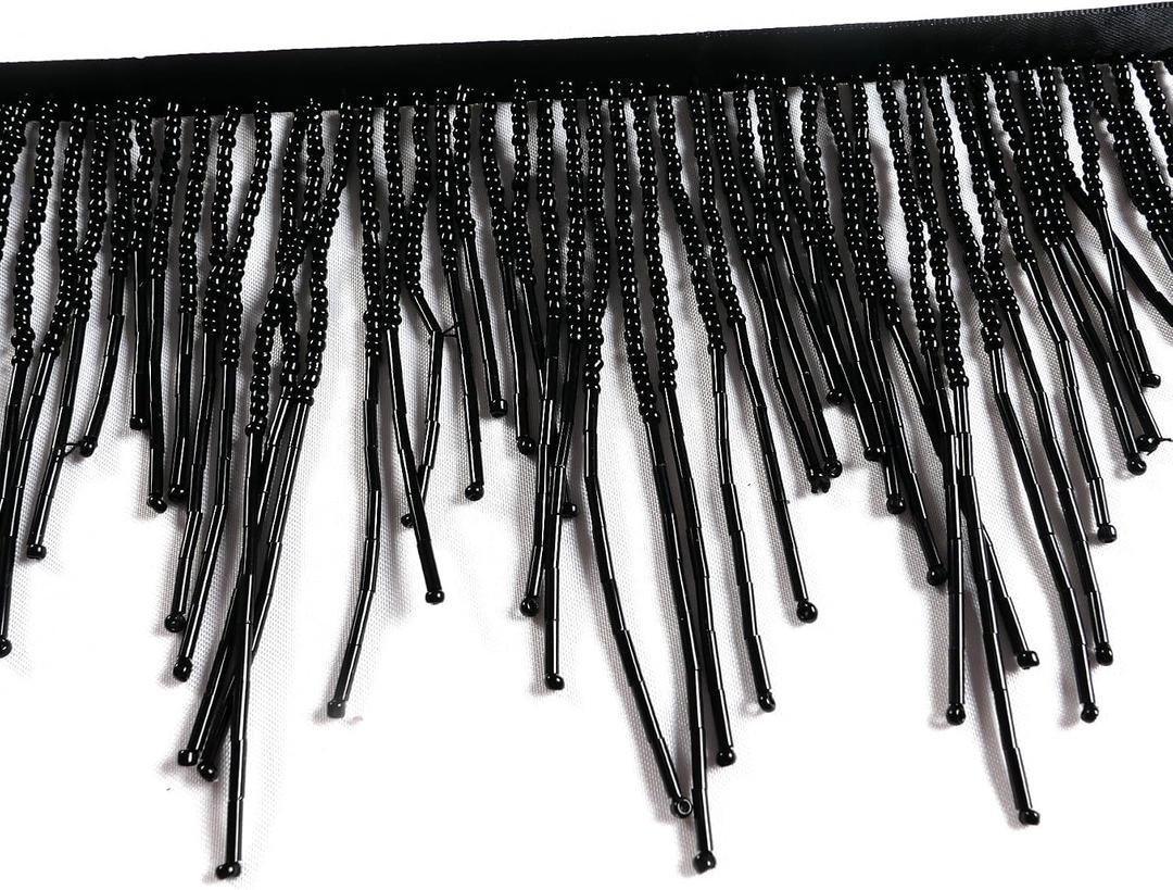 Black Beads Fringe Trim Beads Fringe Belt Glass Beaded Fringe Trim Wavy Water Shape Ribbon Tassel Chain for Clothing Accessories DIY Decoration