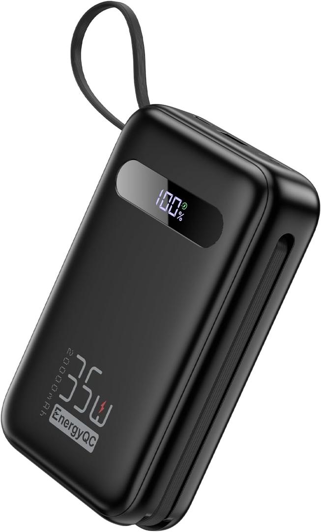 EnergyQC Power Bank, 20,000mAh 35W PD 3.0+QC 4.0 Fast Charging Portable Charger with Built-in Lightning & USB-C in&Out Cables, Battery Pack for iPhone 16/15/14 Series, Galaxy, iPad, AirPods, Black