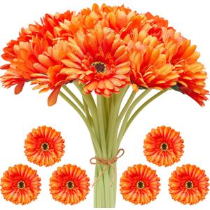 20 Pcs Orange Gerbera Daisy Faux Artificial Daisies Flower Bouquet Fake African Daisy Flower for Wedding Bridal Bouquet Party Home Kitchen Table Centerpiece (Orange)