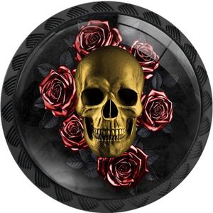 4 Pack Gothic Gold Skull with Red Roses Cabinet Knobs Round Drawer Pulls Black Dresser Knob Cupboard Door Handles Hardware for Kitchen Bathroom Cabinets