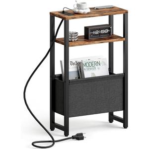 IRCPEN Narrow Side Table with Charging Station Slim End Table Sofa with Magazine Rack, Bedside Table for Small Spaces, 3 Tier Nightstand for Living Room Couch, Bedroom Rustic Brown LET503RE