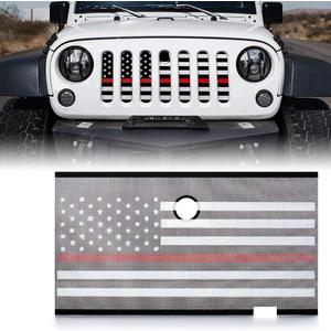 Xprite Aluminum Alloy Mesh Grill Insert with Hood Lock Hole & Firefighter Red Stripe, Compatible with 2007-2018 Jeep Wrangler JK JKU