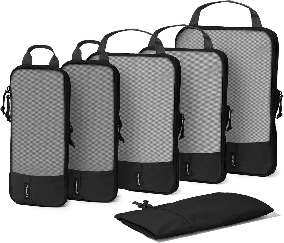 (Not Made In China) Compression Packing Cubes For Travel, Suitcase and Luggage Space Saver Organizer Bags, Lightweight, Waterproof, Durable, 6pc Set, Black