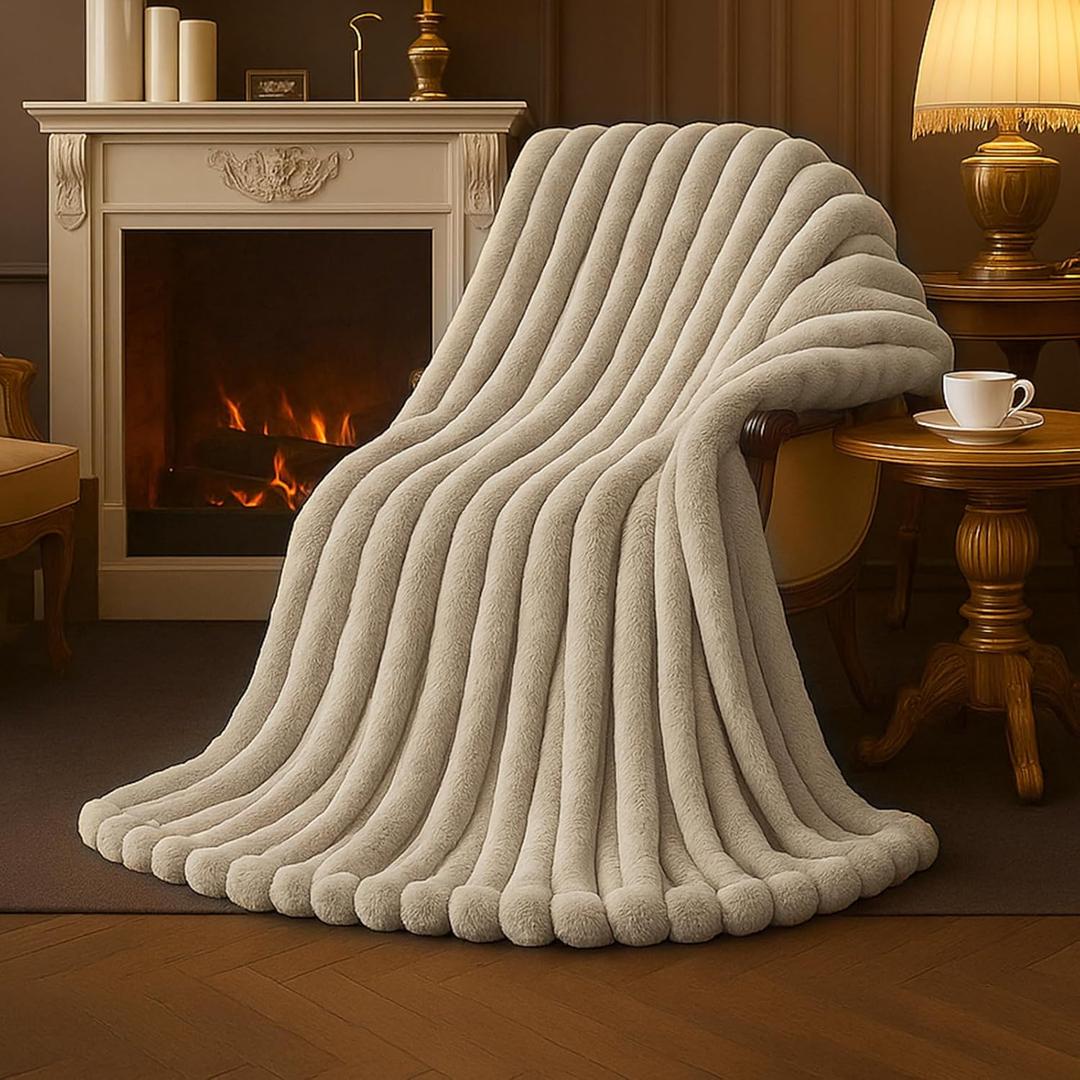 Amlie Home Faux Fur Throw Blanket for Couch, Cozy Fuzzy Fluffy Fur Luxurious Soft Striped Plush Gift Blankets for Family Sofa Chair Bedroom, 55"x70", Beige