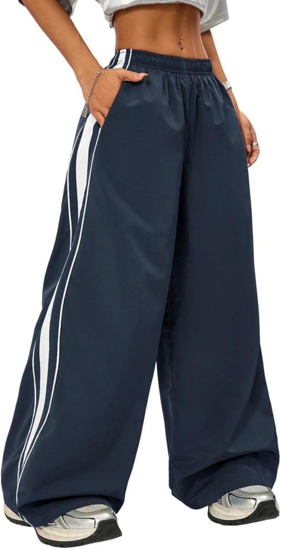 ZAFUL Womens Parachute Pants Y2K Wide Leg Cargo Sweatpants Drawstring Waist Jogger Pants with Pockets (Medium, 1-navy Blue)