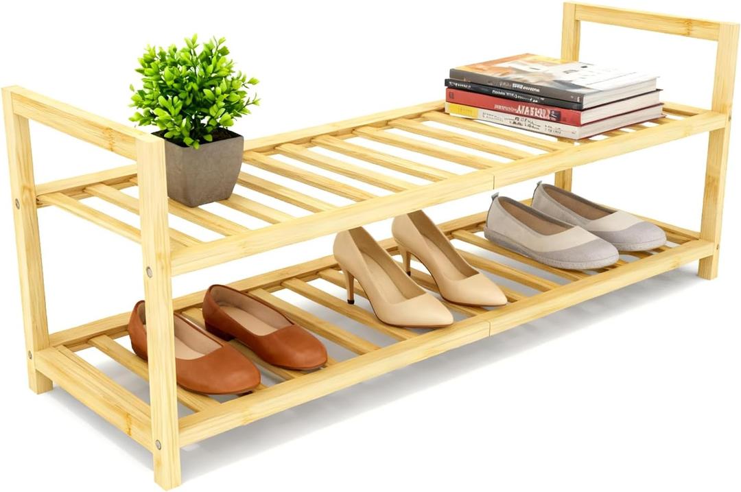 2 Tier Bamboo Wooden Shoe Rack for Closet & Entryway, Free Standing Shoe Rack Stand Organizer Shelf for Garage, Bedroom, Small Space Storage, Stackable