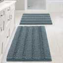 Non Slip Thick Shaggy Chenille Bathroom Rug Mat Set Extra Soft and Absorbent Striped Floor Rugs, 2 Piece, Machine-Washable (Stone Blue)