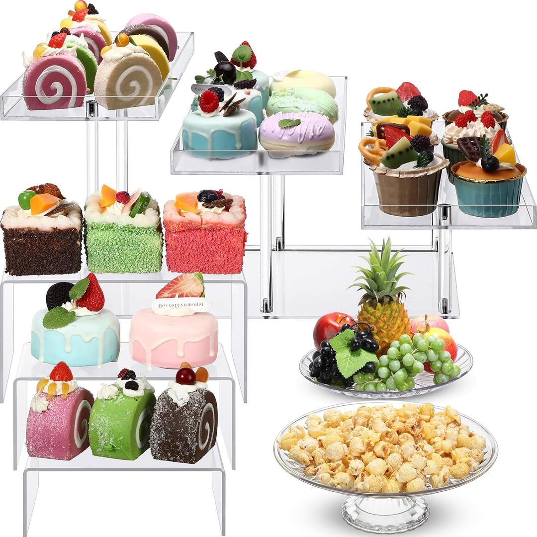 6 Pcs Acrylic Cake Stand Set Include 3 Pcs 3 Size Large Display Risers 1 Pack 3 Tier Cupcake Display Stand and 2 Round Dessert Tray Cake Table Holder for Wedding Baby Shower Party Decoration