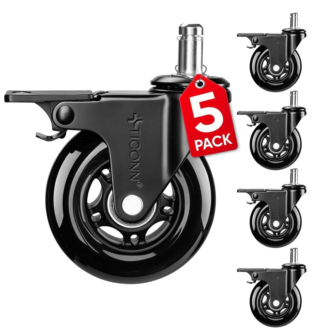 TICONN Office Chair Caster Wheels Set of 5 for Tile, Hardwood Floors and Carpets, Universal Fit for Most Chairs (Black with Brake)