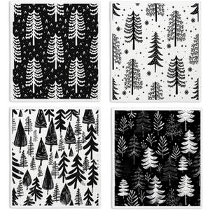 Christmas Pine Tree Swedish Dishcloths for Kitchen, Swedish Dish Cloths for Pine Tree, Black and White Christmas Towels, 4 Pack for Papaya Reusable Paper Towels Washable, Sponge Cloths