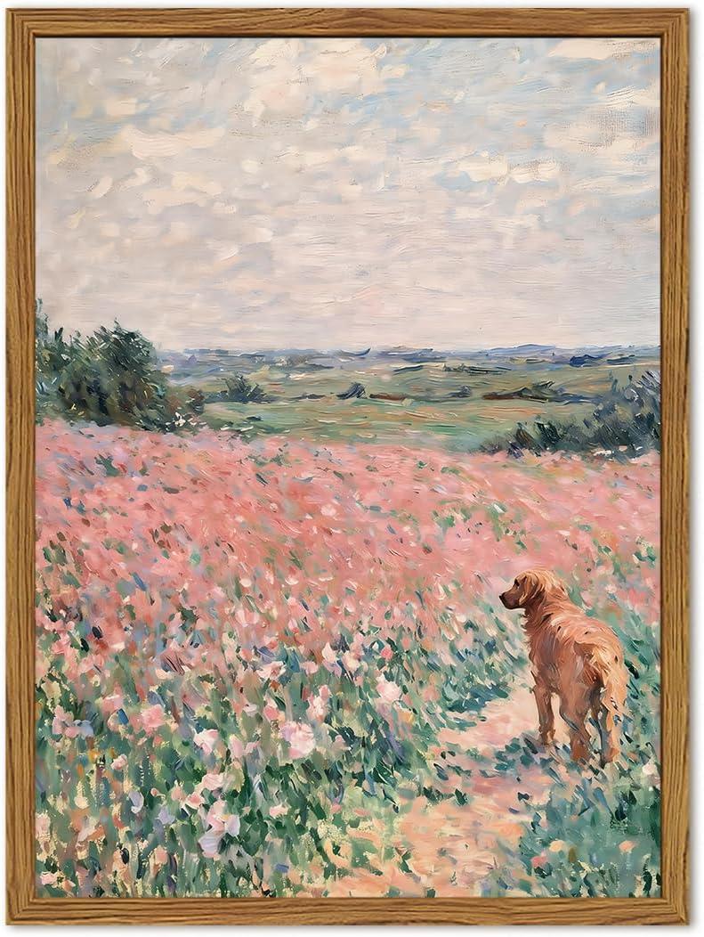 Framed Vintage Wall Art, Rustic Dog in Pink Floral Field Landscape Pictures Wall Decor, Farmhouse Animal Paintings Canvas Prints Cottagecore Home Decor for Living Room Bedroom Bathroom 16x24 inch