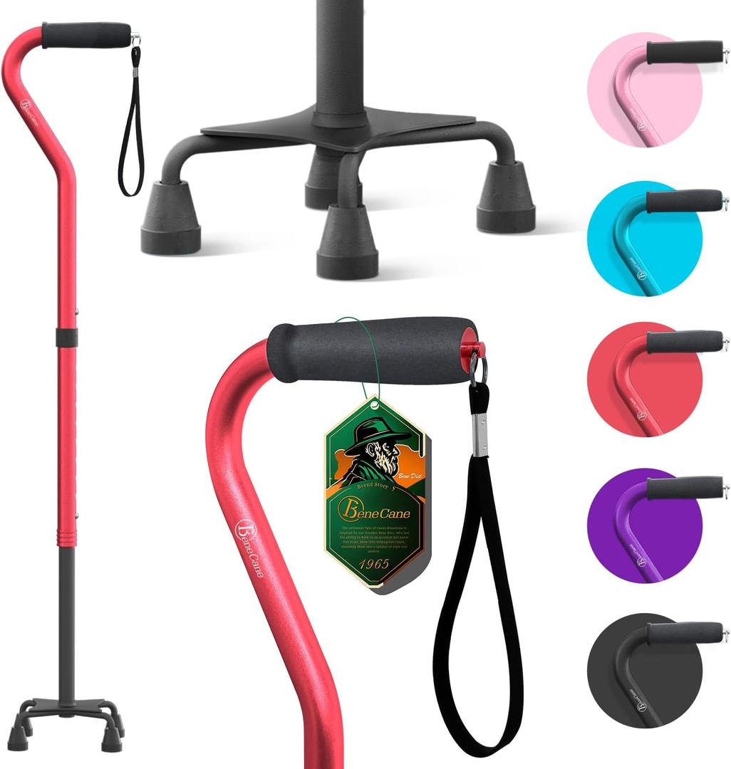 BeneCane Walking Cane for Women and Men-Large Quad Cane-Foldable and Sturdy Offset Walking Cane-Portable 4 Prong Canes for Men and Women (Red)