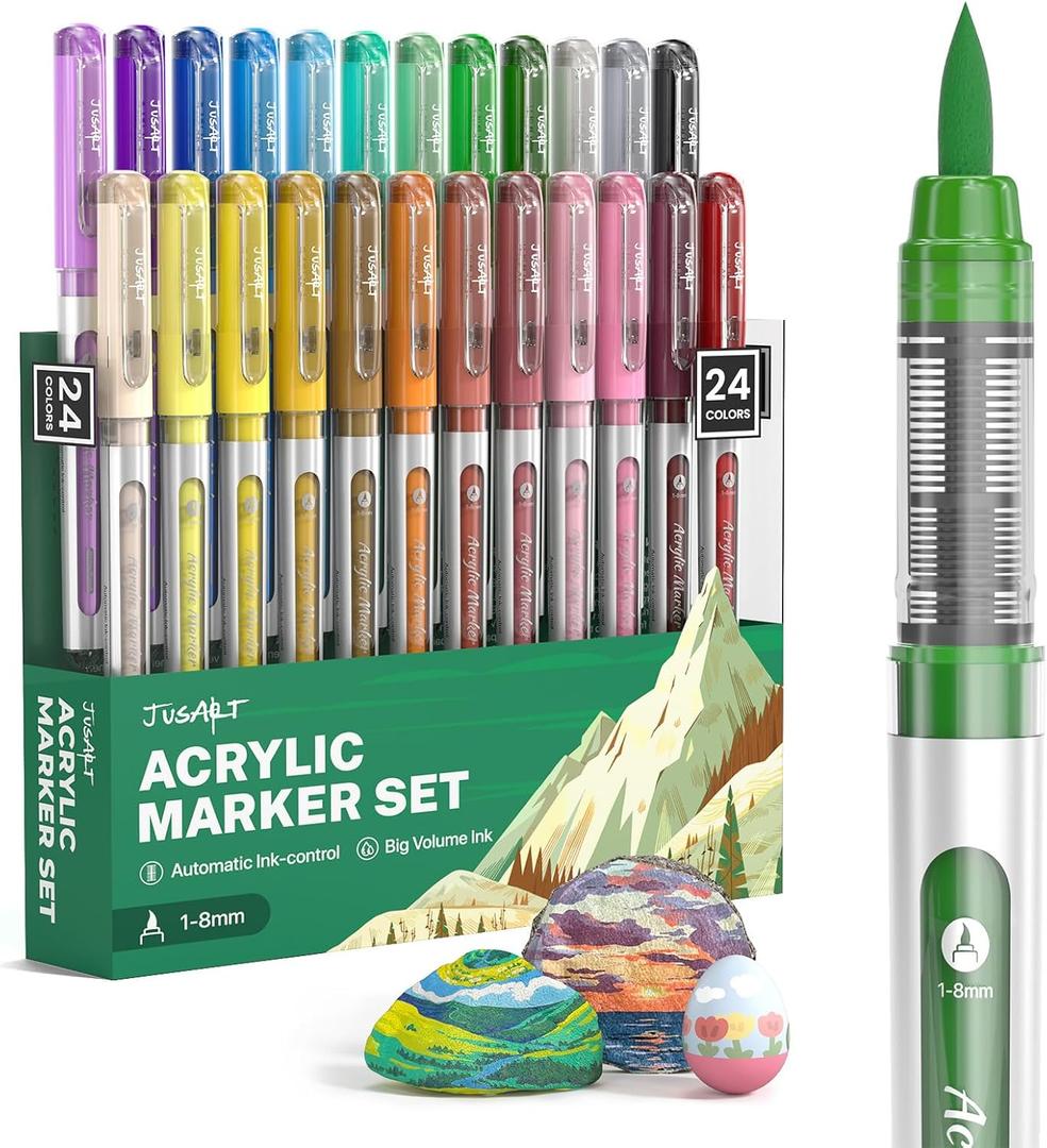 JusArt Acrylic Paint Markers Brush Tip 24 Colors, Water-Based No-Bleed Markers with Automatic Ink Control, Waterproof Acrylic Paint Pens for DIY Art & Crafts -Fabric, Rock, Wood, Glass, Ceramic, Metal