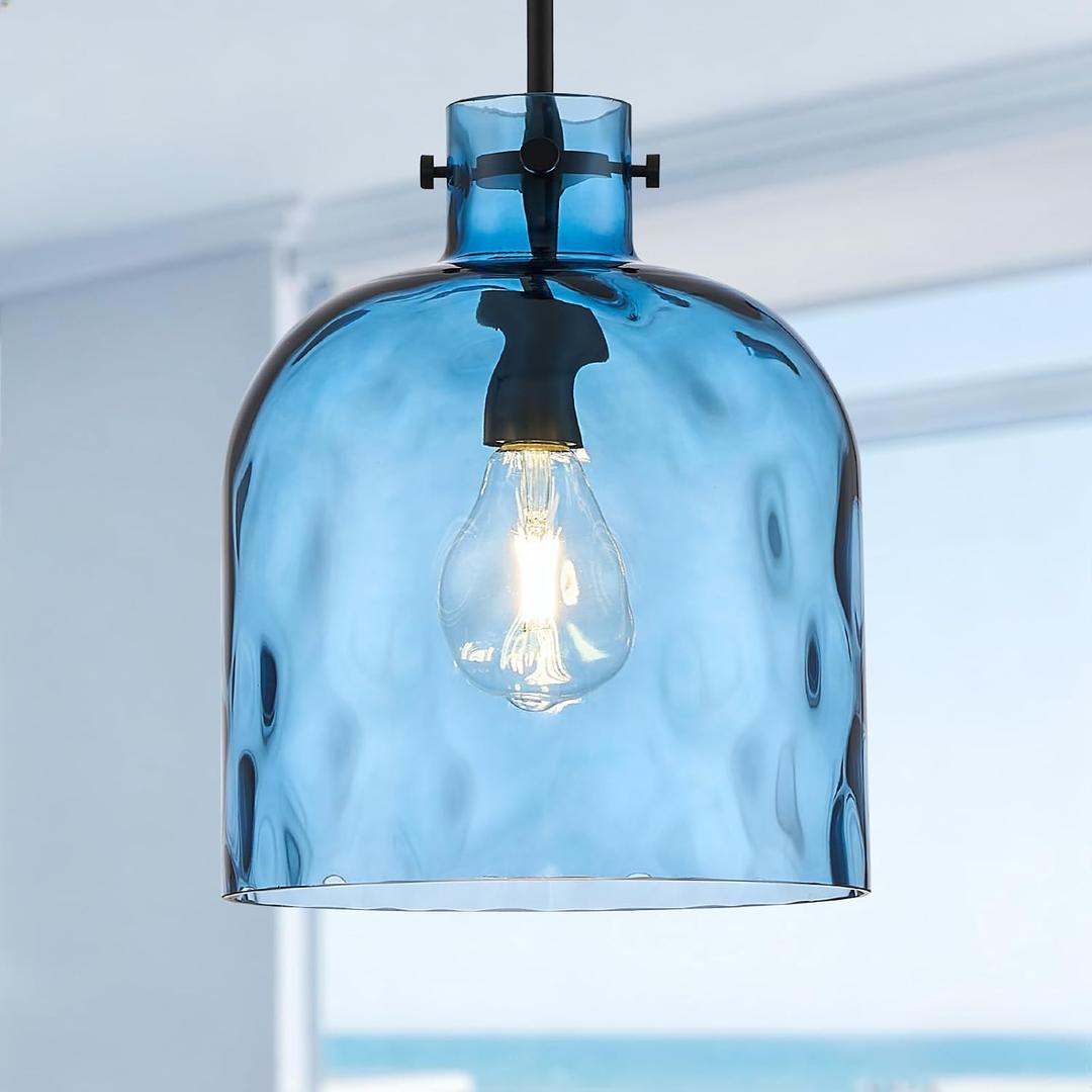 Blue Hammered Glass Pendant Light 10-Inch Wide Single Dome Light Fixture, 1-Light E26 Ceiling Hanging Lamp for Kitchen Island, Dining Room, Hallway