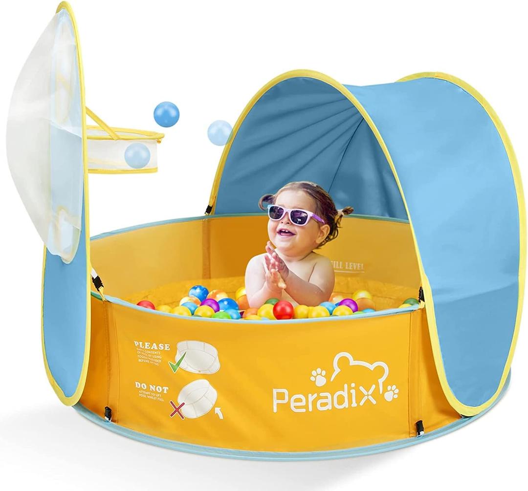 Peradix Ball Pit Play Tent/Paddling Pool 2 In 1 - Pop Up Play Tent With Sunshade And Basketball Hoop Toys For Kids/Baby 