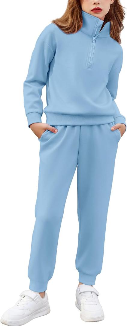 Arshiner Girls 2 Piece Outfits Sweatsuit Set Half Zip Lapel Collar Long Sleeve Sweatshirt Sweatpant Tracksuit Sets