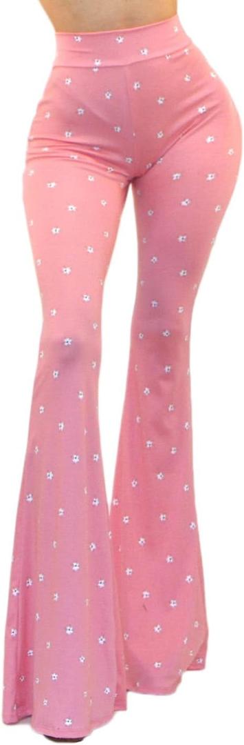 Vivicastle Women's USA Boho Solid Hippie Wide Leg Flared Bell Bottom Pants (Medium, Pink Flower)