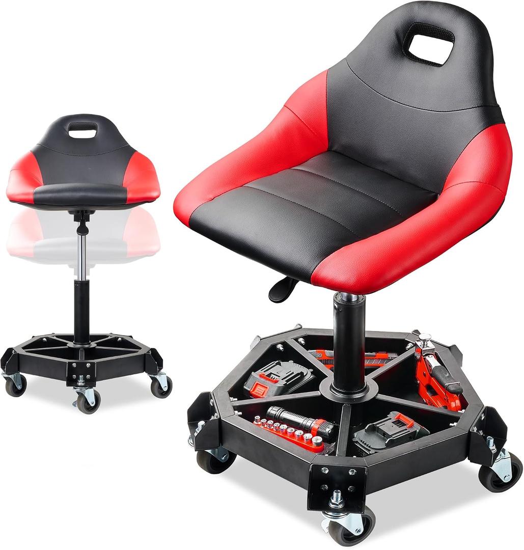 Rolling Shop Stool with Wheels, Garage Mechanic Stool with Backrest, Metal Heavy Duty Roller Mechanic Chair with Tool Tray, 5-Wheel Anti-tip Design,19.5"-26" Adjustable Height, 330 LBS Capacity