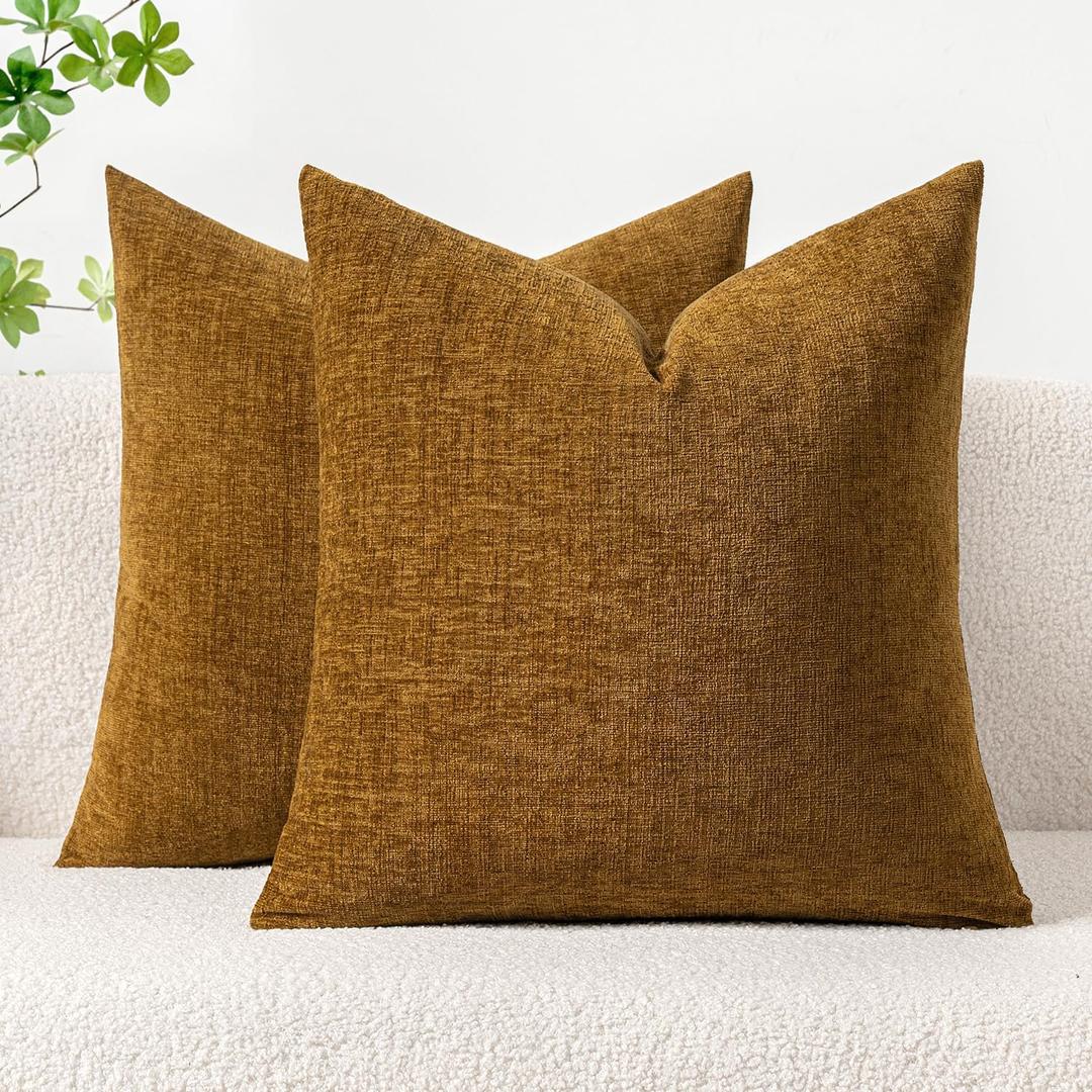 MIULEE Pack of 2 Couch Throw Pillow Covers 18x18 Inch Soft Mustard Chenille Pillow Covers for Sofa Living Room Solid Dyed Pillow Cases