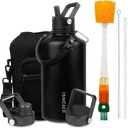 Insulated Water Bottle 87oz,Triple Wall Vacuum Stainless Steel(Dishwasher Safe),Leak Proof & Non-BPA,Flask Jug with Paracord Handle & Straw Spout Lids Sports Black