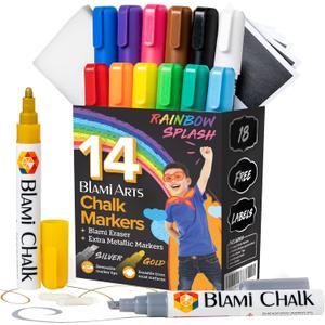 Liquid Chalk Markers Washable -14 Ink Pens & Extra Gold and Silver Colors - Chalkboard Labels Pack Included Non Toxic - Reversible Tips and Erasing Sponge included