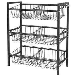Hastatii Kitchen Storage Shelf with Baskets, Snack Storage Shelf, 27.1''W / 12.2''D / 32.3''H 3 Tier Fruit Basket Stand, Metal, Black