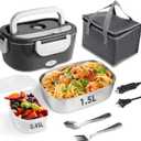 SOHIDA Electric Lunch Box, 12V/24V/110V Portable Food Warmer with SS Fork & Spoon for Car/Truck/Office, 80W Self Heating Lunch Box with 1.5L 304 Stainless Steel Container & 0.45L PP Fruit Box Beige