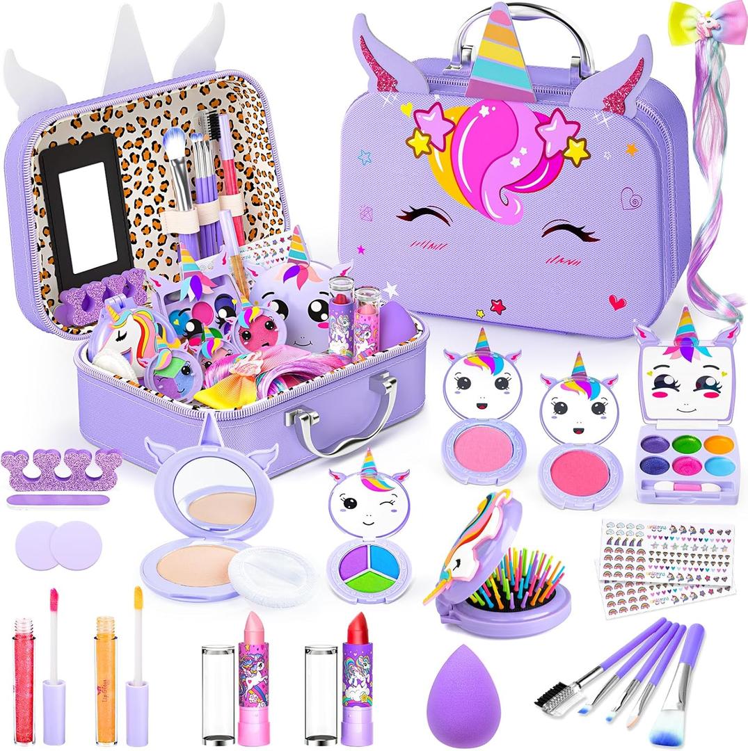 Little Girls Makeup Kit, Pretend Make Up for Kids, Princess Play Makeup Set, Toddler Toy Real Washable Cosmetic Set & Nail Kit Birthday Gift for Ages 3 4 5 6 7 8 9 10-12 Year Old, Purple