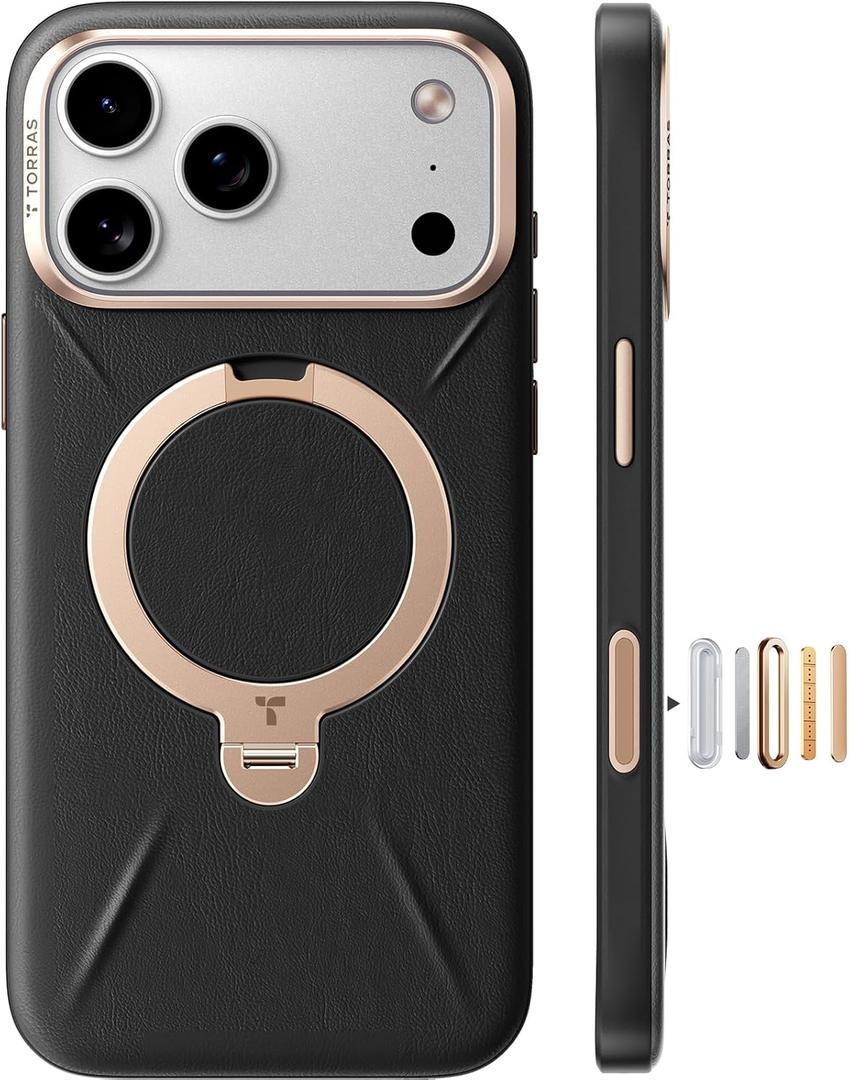 TORRAS Q3 VegSkin for iPhone 17 Pro Max Case Leather, 360 Spin Magnetic Stand, Fit for MagSafe, Camera Control, Shockproof Premium Organic Silicone Leather Case for iPhone 17 Pro Max, Midnight Black