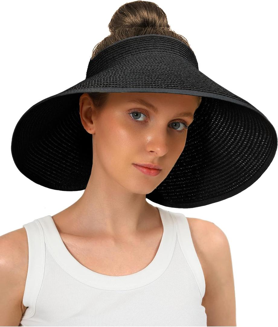 Womens Beach Straw Sun Hats Ponytail Hole Wide Brim Summer Visor Foldable Hat Sun Protection Packable for Travel Pool