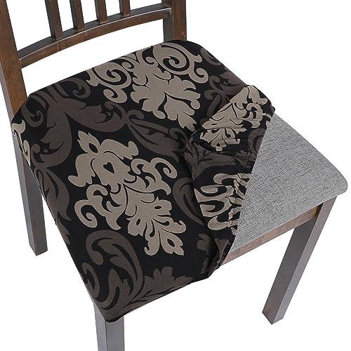 SearchI Seat Covers for Dining Room Chairs Stretch Printed Chair Seat Covers Set of 6, Removable Washable Upholstered Chair Seat Protector Cushion Slipcovers for Kitchen, Office(Black/Brown)