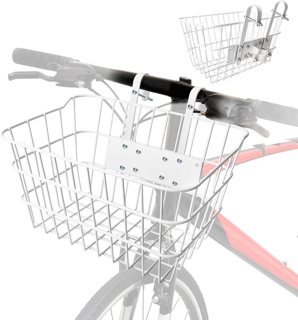 Bike Basket Front | Stainless Steel Front Basket for E-Bike & Electric Scooter-with Fixed Holder and Two Hooks | Easy Handlebar/Head Tube Installation | Bike Basket for Commuting & Shopping (White)