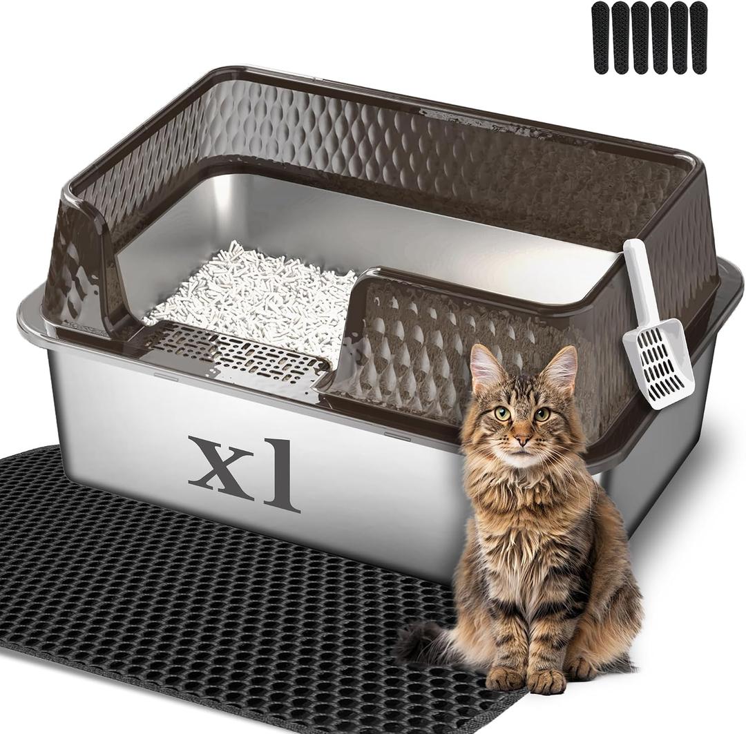 Suhaco Large Stainless Steel Litter Box Side Entry High Sides Deep Metal Cat Litter Boxes with Lid Low Entry Litter Mat and Scoop Litter Pan (Tall Black)