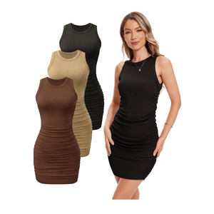 EKOULER Femdouce 3 Pack Women's Summer Ruched Sleeveless Dresses Slim Fit Crew Neck Ribbed Casual Party Club Mini Bodycon Dress, S