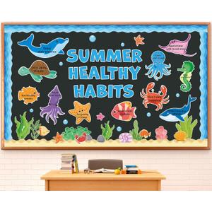 2 x Summer Healthy Bulletin Board Set Ocean Animals Health Habits Classroom Decorations Back to School Paper Cutouts Under the Sea Bulletin Board Borders for School Nursery Home Office Wall Door Decor