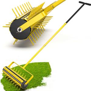 Upgraded 20 Inch Lawn Aerator Tool  Manual Rolling Lawn Core Aerator with 2.4 Steel Spikes, Welded Spike Strip & T-Handle  Yard Soil Aeration for Grass, Garden, Lawn Care (Yellowish-Black)