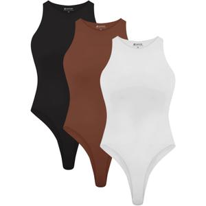 Cyanstyle Womens 3 Piece Bodysuits Sexy Sleeveless Racer Back High Neck Double Lined Bodysuit Tank Tops (Small, Black White Cappuccino)