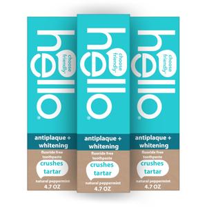 hello Antiplaque and Whitening Fluoride Free Toothpaste, Whitening Toothpaste with Coconut Oil and Tea Tree Oil, Helps Whiten Teeth, Natural Peppermint, 3 Pack, 4.7 Oz Tubes