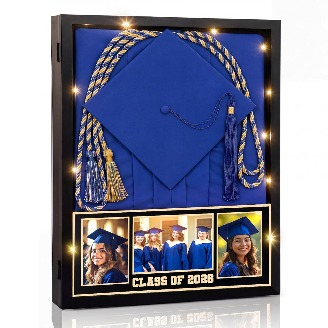 Seenelling 17 x 21 Large Graduation Shadow Box Frame for Cap Gown Class of 2026 Picture Frame Graduation Shadow Box Grad Display Cases with LED Lights Grad Gift for Diploma Stole Cords Memory Keepsake