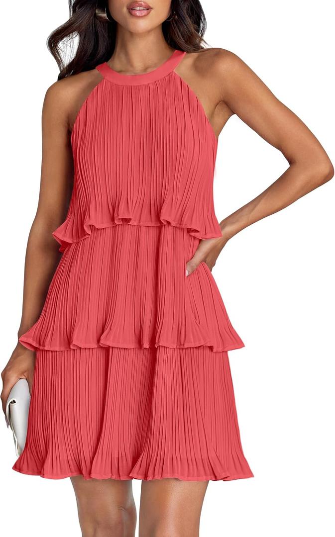 ZESICA Women's 2026 Summer Halter Cocktail Dresses Sleeveless Ruffle Tiered Chiffon Pleated Wedding Guest Mini Dress (XL)