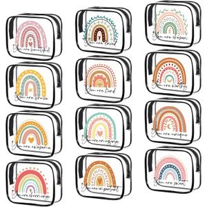 Hillban 12 Pcs Rainbow Clear Makeup Bag for Women Inspirational Quotes PVC Waterproof Cosmetic Bags Appreciation Travel Toiletry Pouch Gifts for Teacher Student Adults(Black)