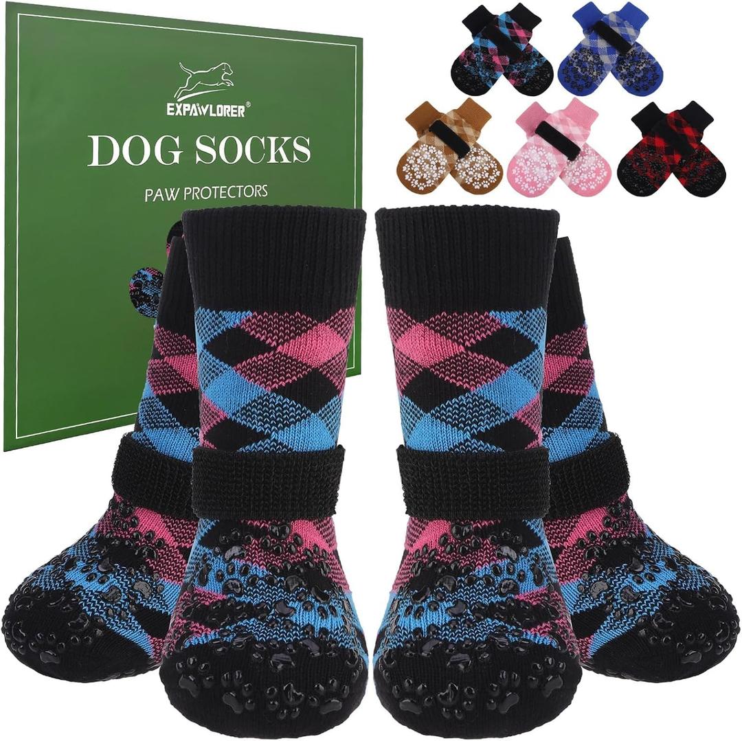 EXPAWLORER Dog Socks for Cold Winter Snow to Prevent Licking Paws, Anti Slip Doggie Booties Grippy Shoes for Hardwood Floors, Boots & Paw Protectors for Small Medium Large Senior Dogs Pink Blue S